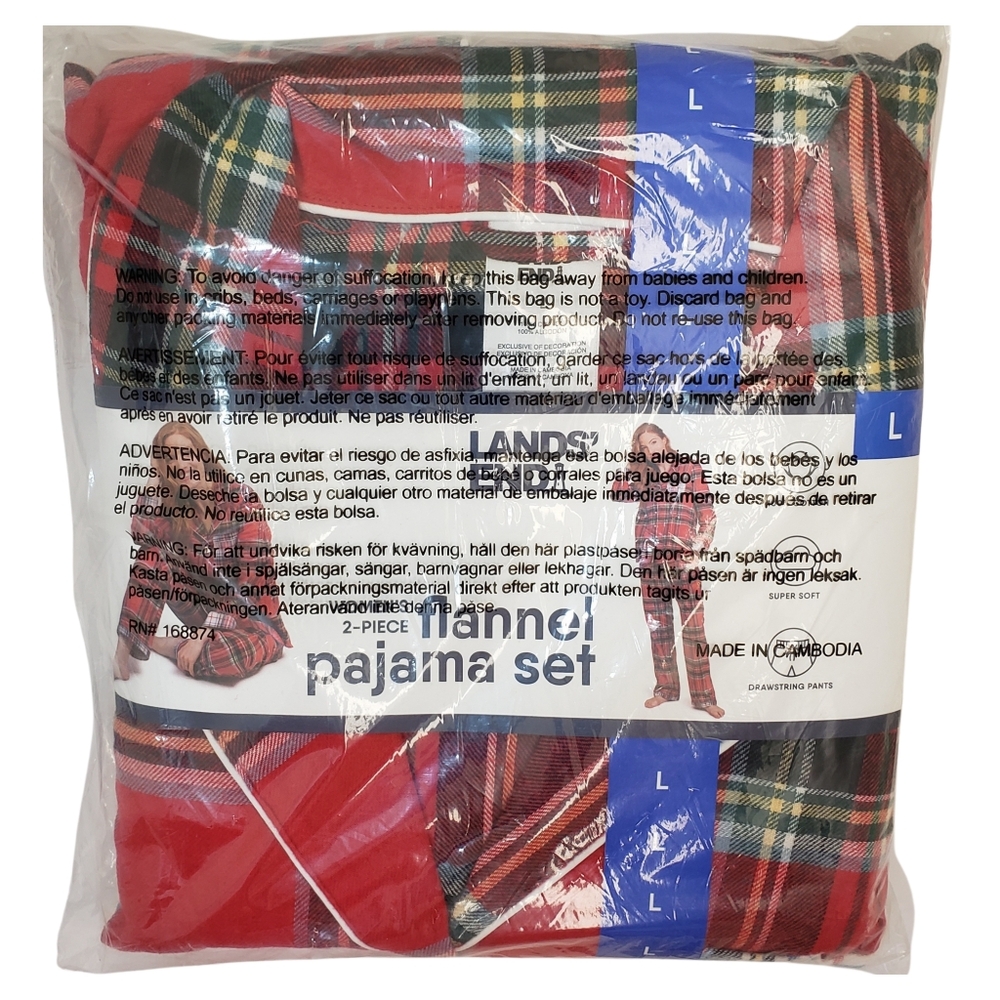 Lands' End Women's 2-piece Flannel Pajama Set Red (Red Plaid) NWT